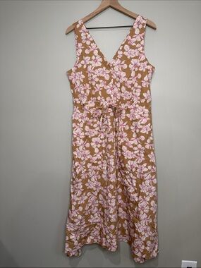 NWT Gap Floral V-Neck Midi Dress in Tan and Pink with Pockets Medium